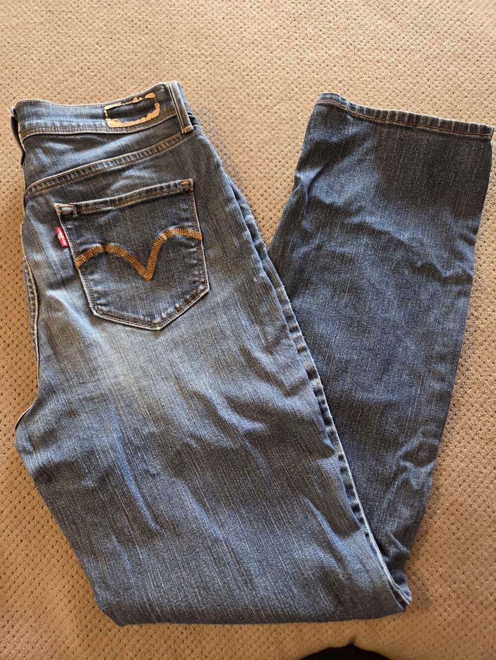 Levi's 512 Straight Leg Perfect Slimming Blue Jeans w/ Brown stitching on pocket